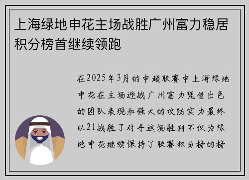 上海绿地申花主场战胜广州富力稳居积分榜首继续领跑