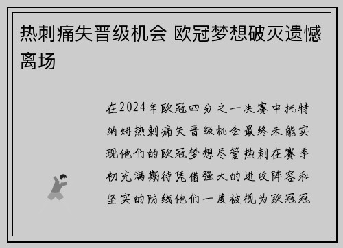 热刺痛失晋级机会 欧冠梦想破灭遗憾离场