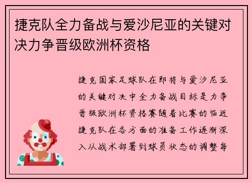 捷克队全力备战与爱沙尼亚的关键对决力争晋级欧洲杯资格