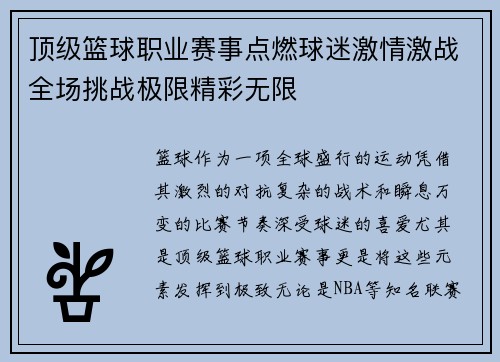 顶级篮球职业赛事点燃球迷激情激战全场挑战极限精彩无限