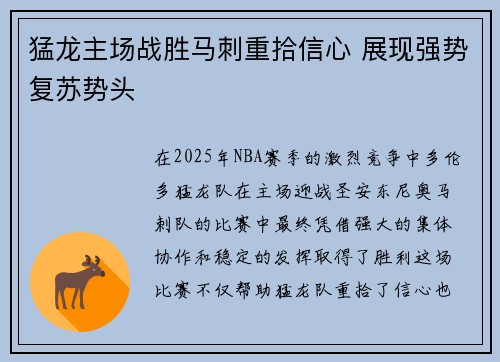 猛龙主场战胜马刺重拾信心 展现强势复苏势头