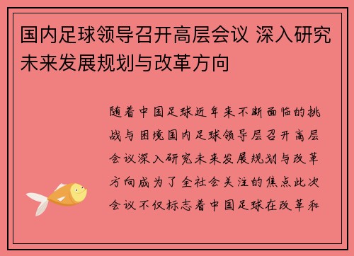 国内足球领导召开高层会议 深入研究未来发展规划与改革方向